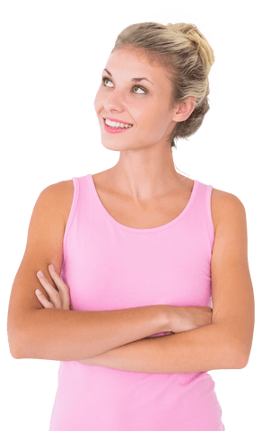 Confident Young Blonde Woman Looking Up with Smile in Transparent Background