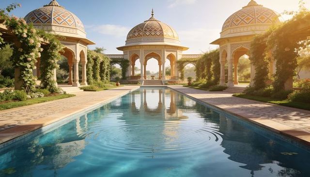 Sunlit mughal-style pavilions reflecting in long pool with symmetrical domes