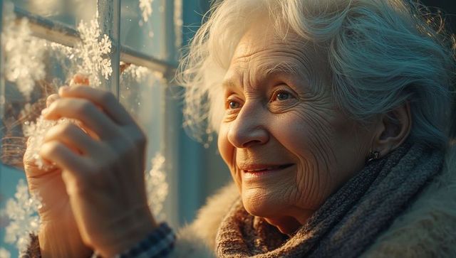 Senior woman touching frosted window with warm smile