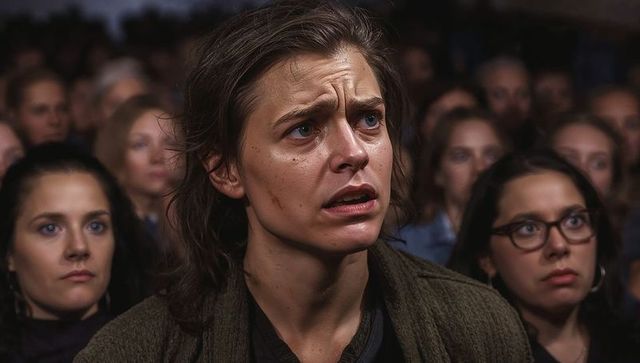 Woman furrowing brow watching tense performance in dim theater crowd, anxious spectators