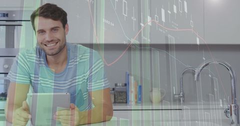Man Using Tablet with Digital Financial Data Overlay