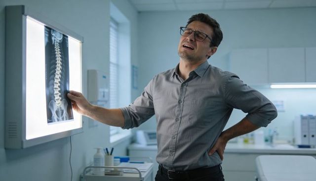 Man holding spinal x-ray while clutching lower back in clinic exam room during medical consultation