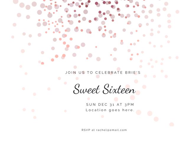 This elegant invitation template features delicate pink confetti, symbolizing joy and festivity for a Sweet Sixteen celebration. It is suitable for creating personalized invitations to mark this milestone birthday. Perfect for highlighting event details, date, and RSVP information.