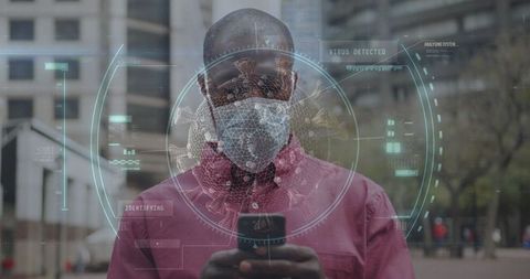 Pandemic technology combining outdoor smartphone, virus hologram illustration