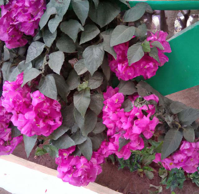 Bougainvillea flowers in vibrant pink are hanging from a garden fence with lush green leaves surrounding them. Perfect for illustrating gardening, landscaping projects, botanical studies, nature-themed presentations, or floral-related decor and designs.