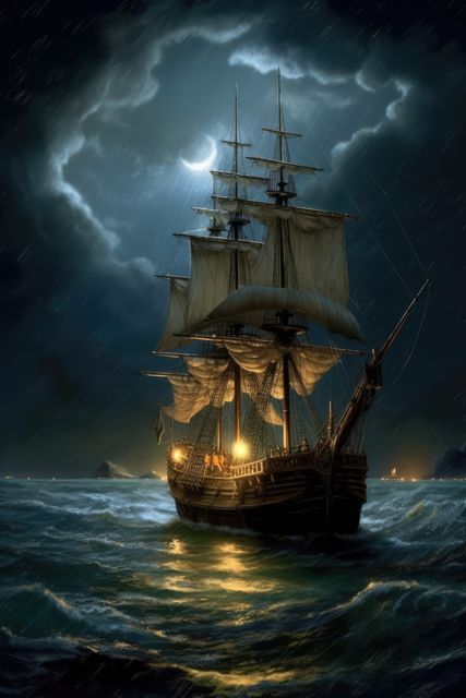 A majestic sailing ship braves a stormy sea at night. Illuminated by lightning, the vessel's struggle against the elements captures the power of nature.