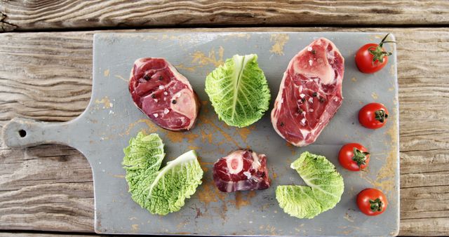 This image shows fresh, raw lamb chops arranged with leafy vegetables and small tomatoes on a rustic wooden cutting board. Ideal for use in food and cooking websites, recipe blogs, culinary magazines, and advertisements focusing on fresh and organic produce.