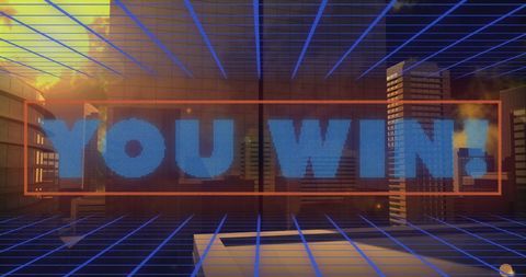You Win Screen with Virtual Cityscape and Neon Grid