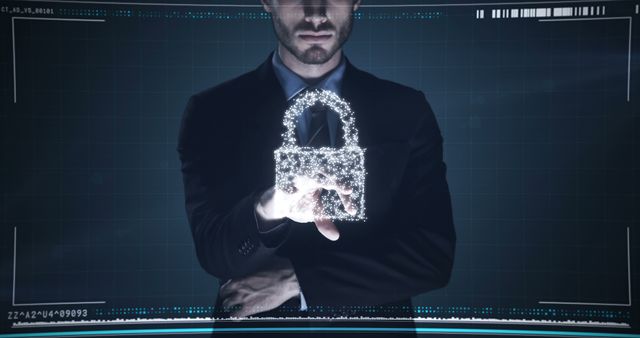 Businessman Touching Holographic Lock Symbol for Cyber Security Concept - Download Free Stock Images Pikwizard.com