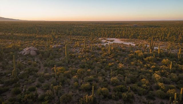 Sunset over saguaro desert field: golden light on column cacti, rocky outcrop panorama