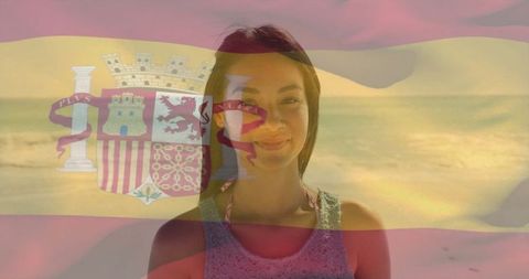 Woman Enjoying Beach with Spanish Flag Overlay