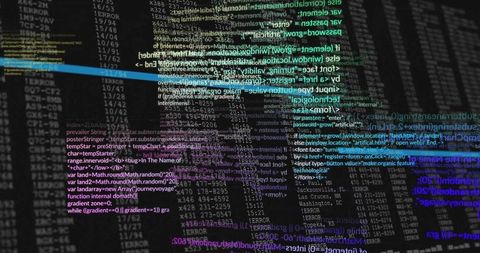 Neon Code Streams Curving Across Dark Terminal Console with Glowing Data Ribbons