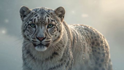 Regal Snow Leopard in Frosty Tundra Staring Intently