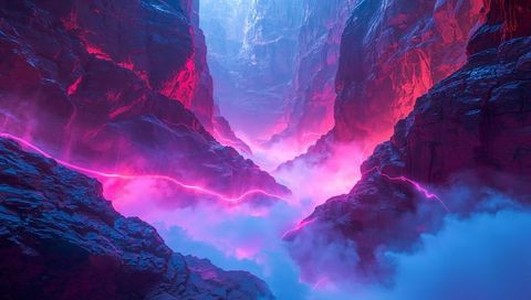 Neon magenta canyon valley pulsing with radiant arcs and pink fog in futuristic gorge
