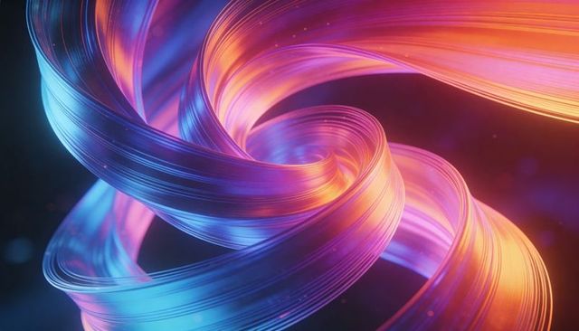 Twisting glossy ribbons spiraling neon blue and orange abstract coil