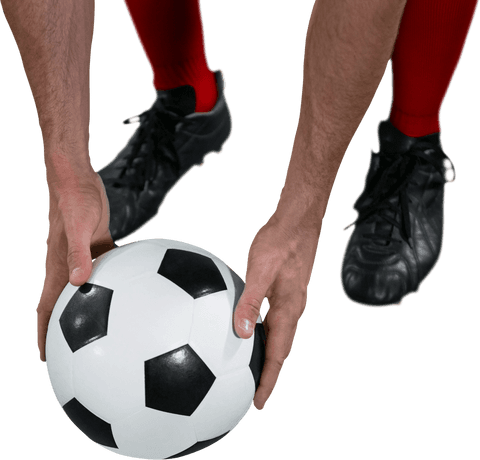Caucasian male football player holding ball on transparent background