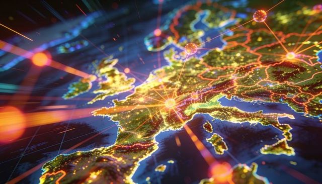 Glowing digital map of europe connecting neon borders, network hubs, data nodes