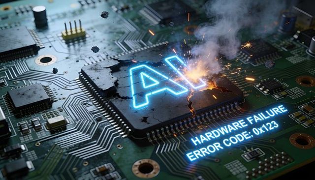Ai microchip cracking and smoking on circuit board with neon hardware failure error code