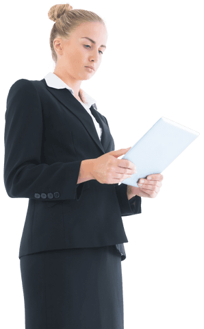 Transparent businesswoman in black suit using tablet