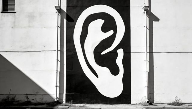 Giant white ear mural on black panel with urban pipes and dramatic shadows