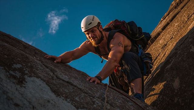 Muscular climber scaling granite cliff at golden hour reaching for next hold