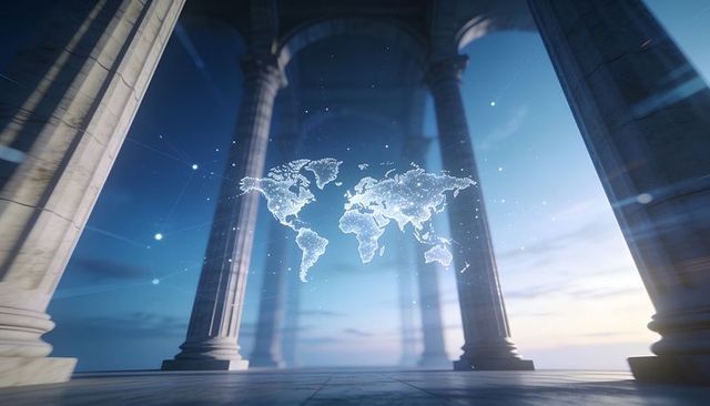 Holographic world map hovering between monumental columns at twilight