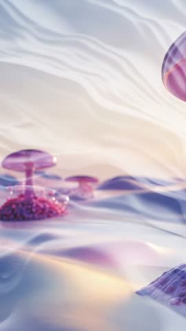 Vertical video shifting focus on pink mushrooms over silky white waves with floating bubble spheres