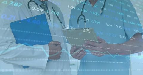 Doctors analyzing financial data on digital interface background