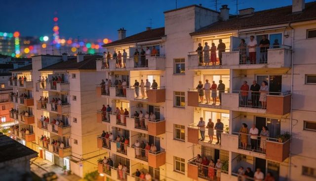 Neighbors gathering on evening balconies of urban apartment building with warm lights