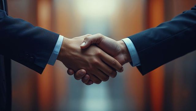 Symbolic Handshake Between Business Professionals in Office Corridor