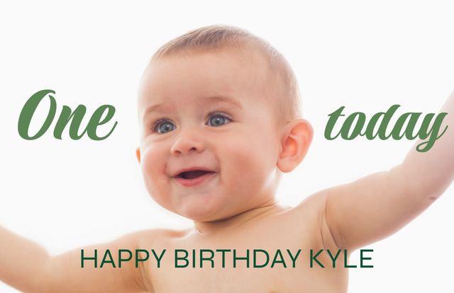 This cheerful image of a smiling baby celebrating their first birthday with text can be used for social media posts, invitation cards, or birthday announcements. Perfect for celebrating a joyful milestone and sharing happiness.