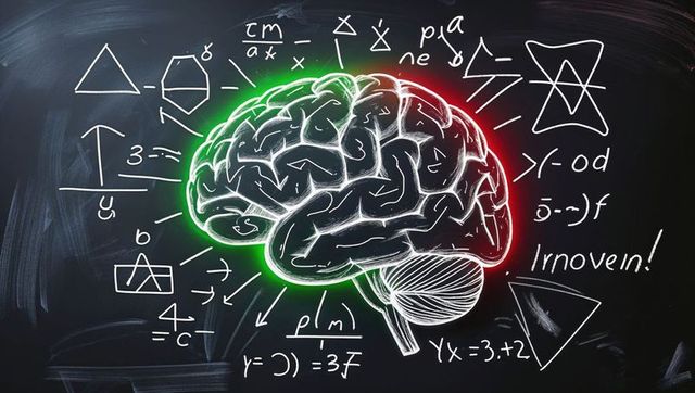 Glowing brain illustration with formulas on chalkboard