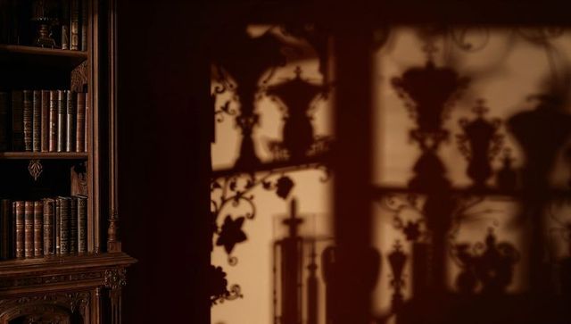 Antique iron grille shadows over carved bookcase with leather-bound books in amber light