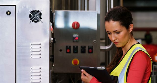 Woman using and checking machinery at bottle plant