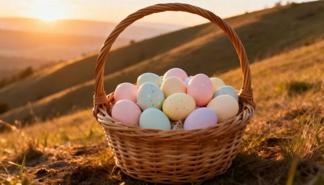 Wicker easter basket resting on sunset meadow holding pastel eggs with warm golden light