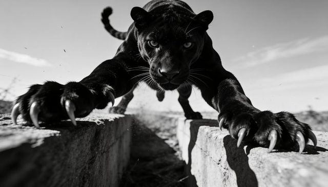 Black panther pouncing between concrete slabs claws extended intense monochrome closeup