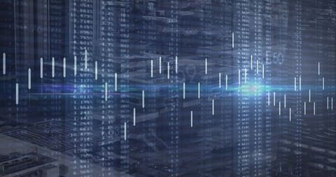 Overlaying financial data and candlestick charts over urban skyline with neon cyan flare