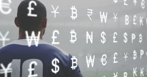 Soccer player facing pitch with floating currency symbols representing sports finance