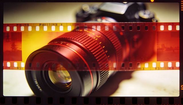 Reflecting 35mm film strip overlaying camera lens with warm orange bokeh, vintage macro
