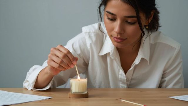 Asian woman lighting candle with match at wooden desk wearing white shirt calm minimalist