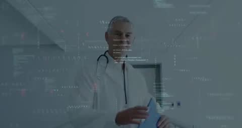 Elder Doctor Analyzing Records with Digital Code Scientific Interface