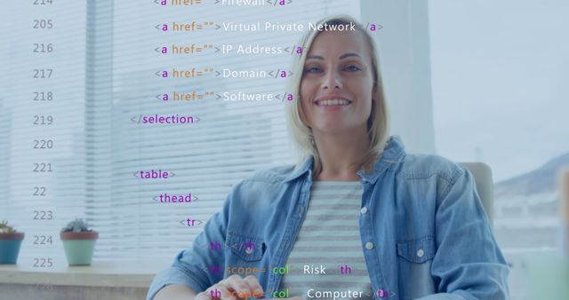 Image of woman enjoying her work on coding with a code overlay. Useful for tech blogs, training sites, and programming courses promoting women in tech.