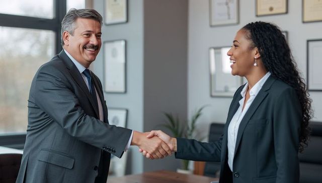 Corporate professionals shaking hands celebrating partnership, agreement and success