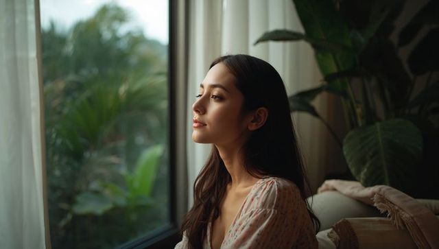 Contemplative woman gazing through window, sitting beside leafy plant in sunlit cozy interior