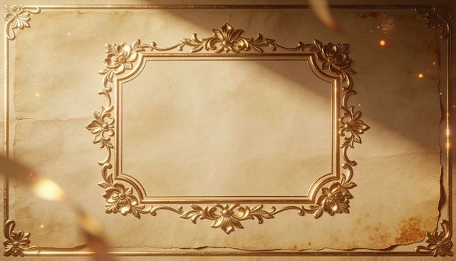 Vintage gold embossed rectangular frame on aged parchment featuring floral scrollwork