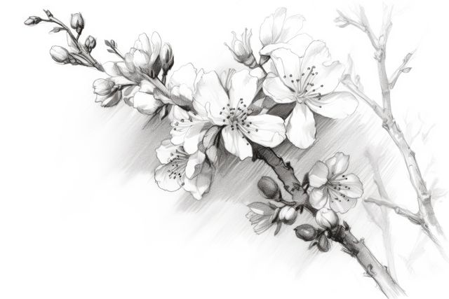 Beautifully detailed black and white sketch of cherry blossom branches in bloom. Ideal for use in spring-themed designs, botanical studies, art prints, greeting cards, and nature-focused projects.