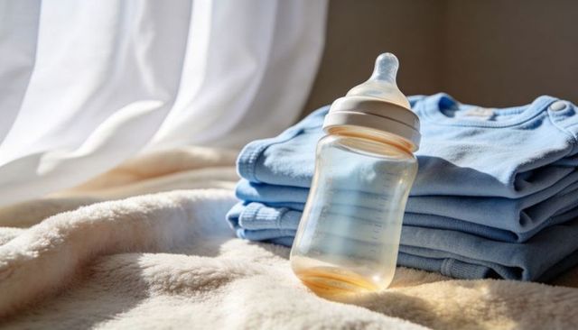 Leaning baby bottle beside folded blue onesies on sunlit plush blanket near curtains