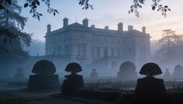Misty neoclassical manor at dawn with formal parterre and sculpted topiary silhouettes