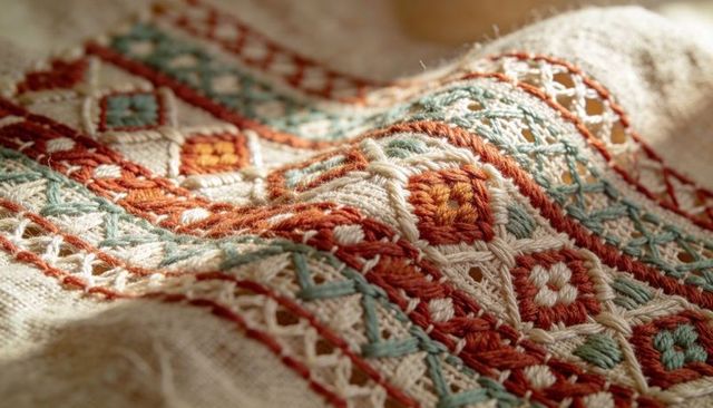 Hand-stitched geometric embroidery showing raised ridges with rust teal cream threads