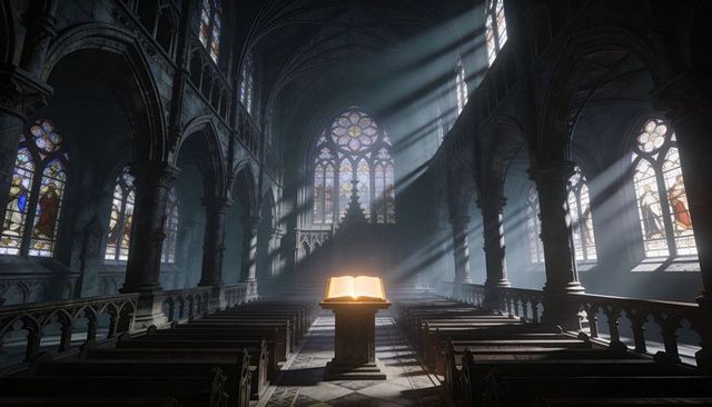Sunlight streaming through rose window illuminating open book on lectern in gothic cathedral